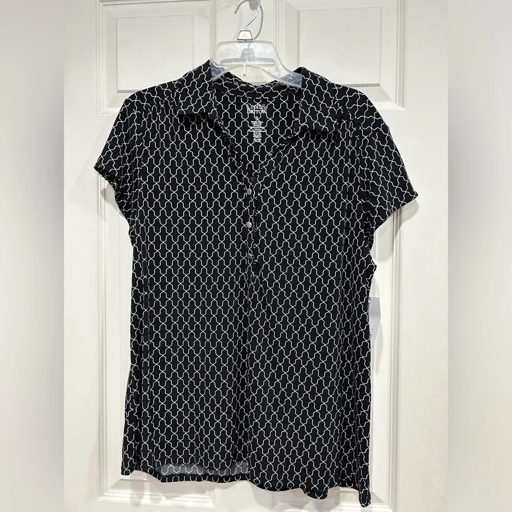 Croft & Barrow Women's XL Short Sleeve Blouse Black White Pattern Shirt NWT